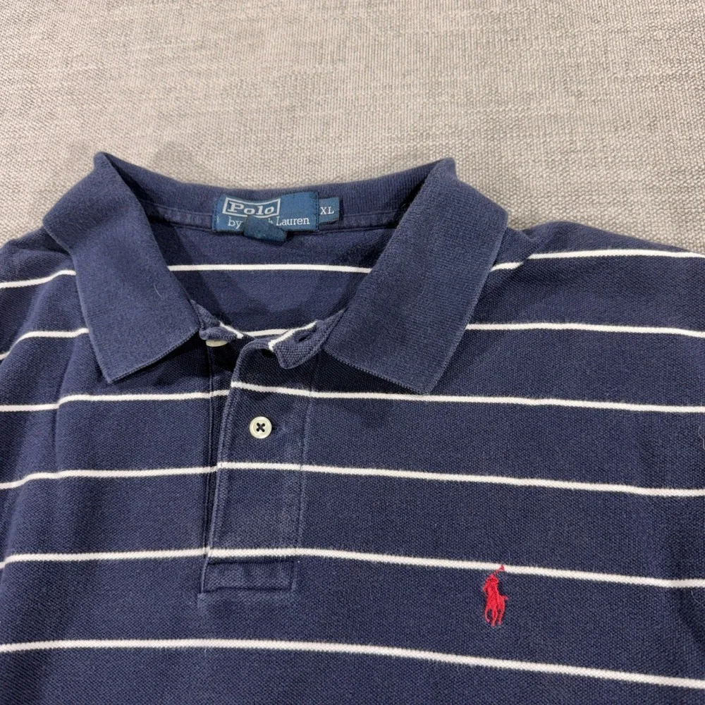 Polo Ralph Lauren Polo Shirt Mens XL Navy Blue Excellent Striped Cotton Pony